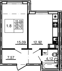 1-комнатная 39 м<sup>2</sup> на 2 этаже