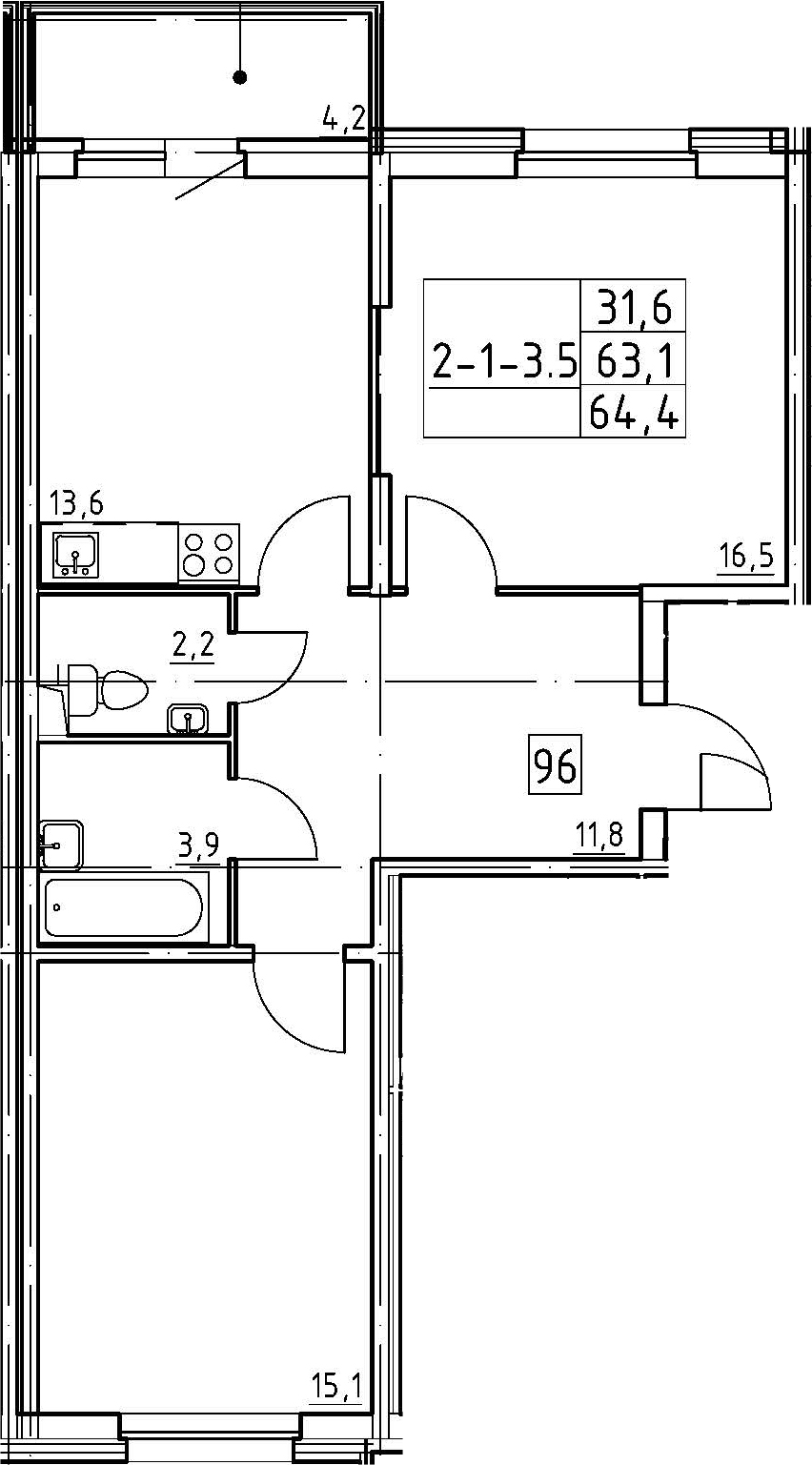 2-комнатная 67 м<sup>2</sup> на 1 этаже