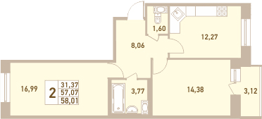 2-комнатная 55 м<sup>2</sup> на 7 этаже