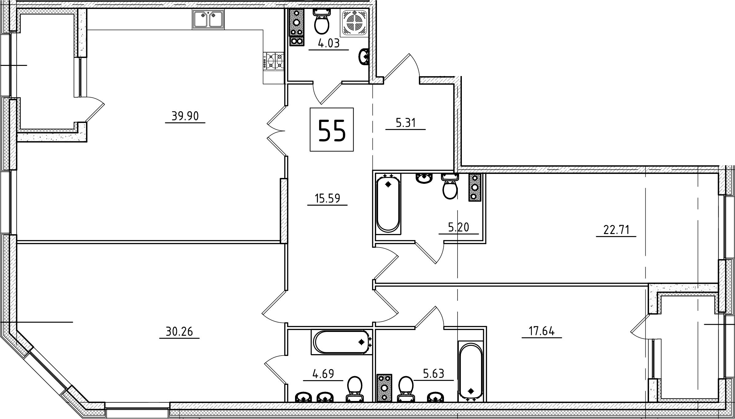 4-комнатная 152 м<sup>2</sup> на 3 этаже