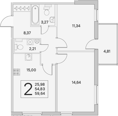 3-комнатная 54 м<sup>2</sup> на 1 этаже