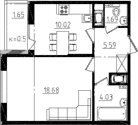 1-комнатная 40 м<sup>2</sup> на 3 этаже