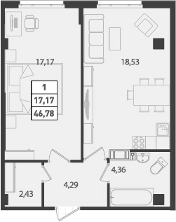 1-комнатная 46 м<sup>2</sup> на 5 этаже