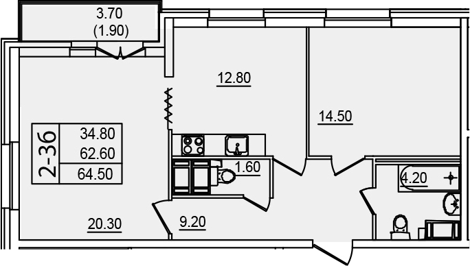 2-комнатная 62 м<sup>2</sup> на 15 этаже