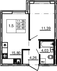 2-комнатная 35 м<sup>2</sup> на 2 этаже