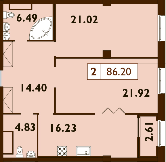 3-комнатная 84 м<sup>2</sup> на 8 этаже