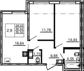 3-комнатная 55 м<sup>2</sup> на 2 этаже