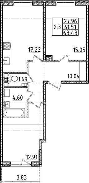 3-комнатная 65 м<sup>2</sup> на 1 этаже