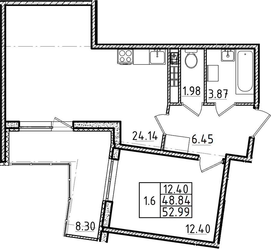 2-комнатная 57 м<sup>2</sup> на 4 этаже