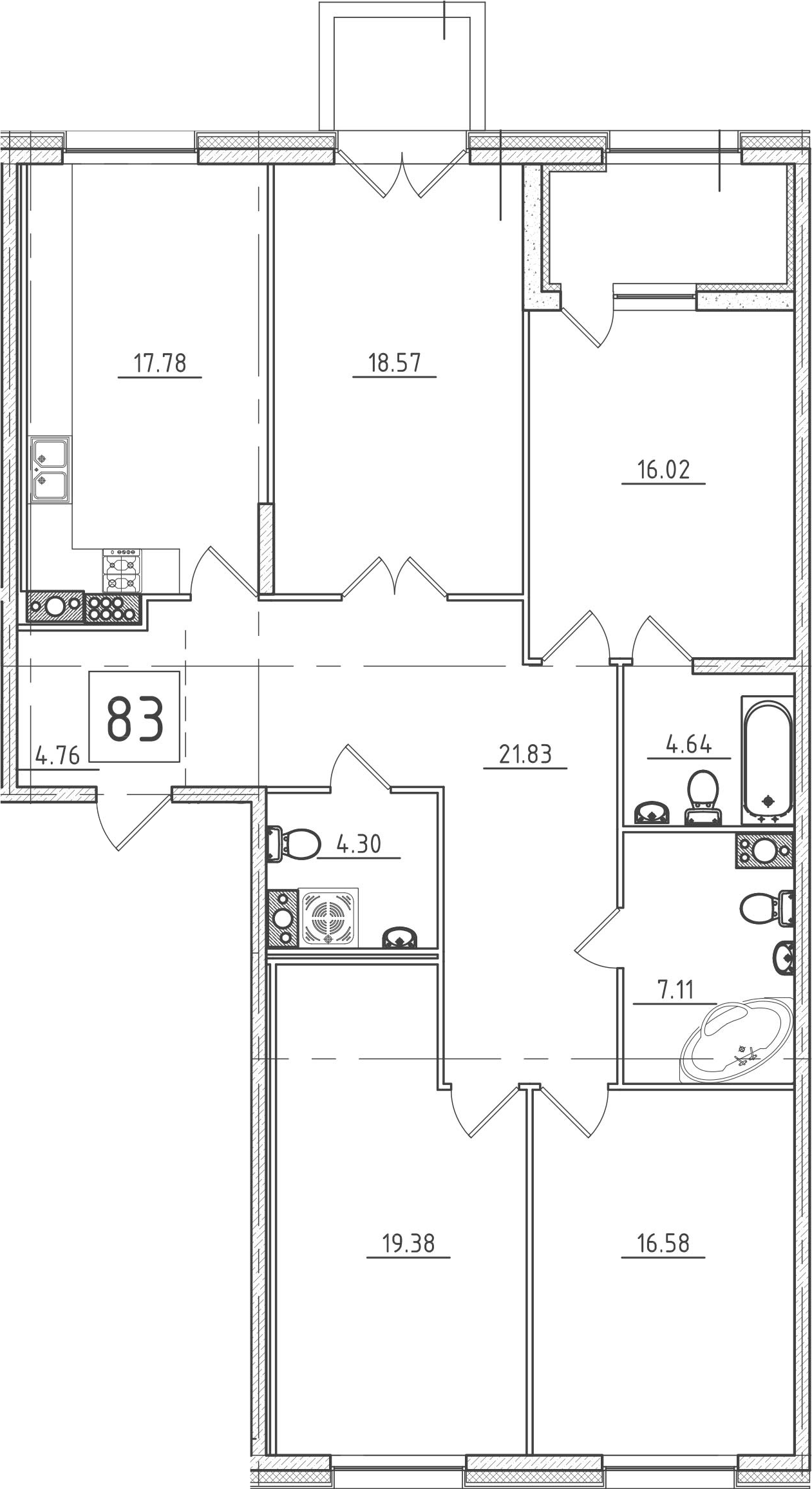 4-комнатная 132 м<sup>2</sup> на 8 этаже
