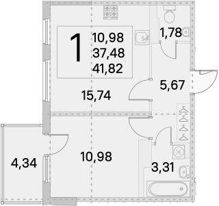 2-комнатная 37 м<sup>2</sup> на 4 этаже