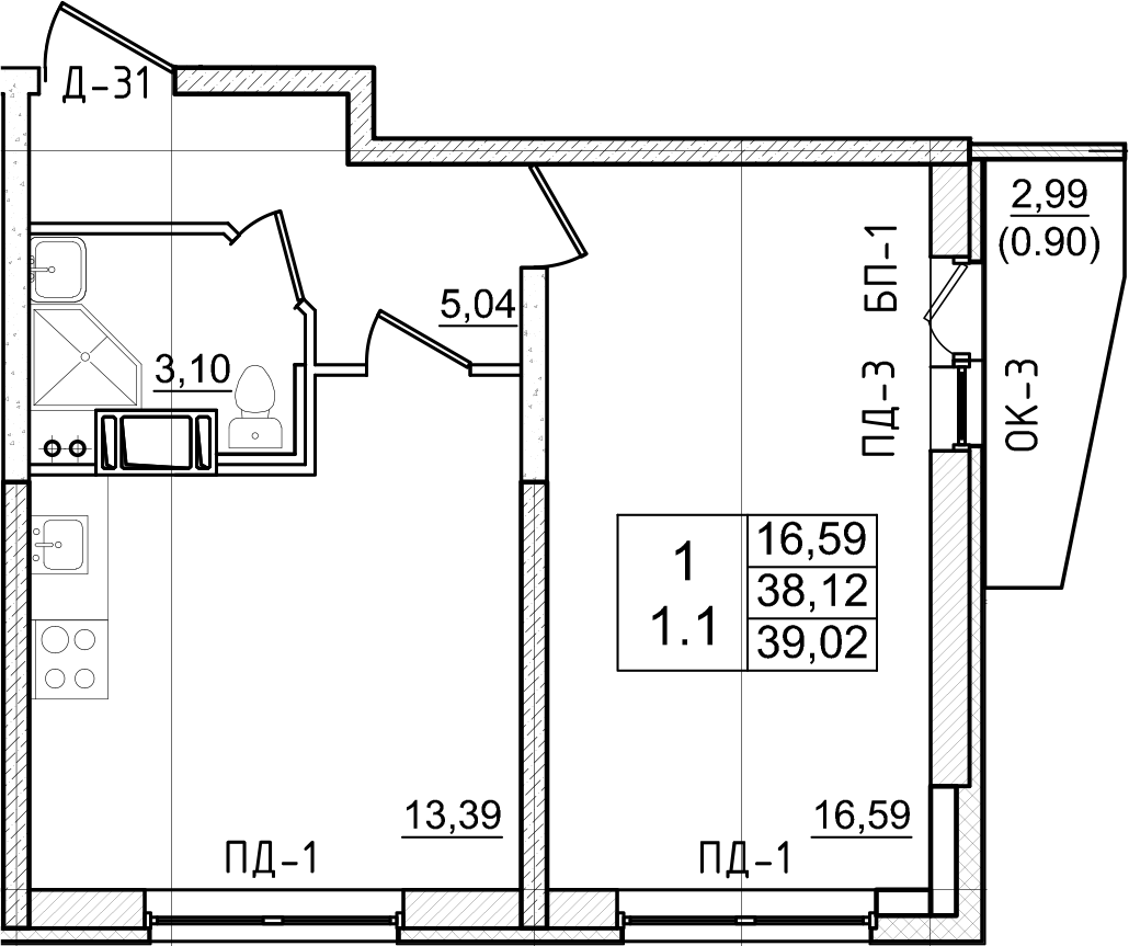 1-комнатная 38 м<sup>2</sup> на 11 этаже