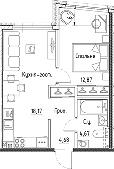 2-комнатная 40 м<sup>2</sup> на 2 этаже