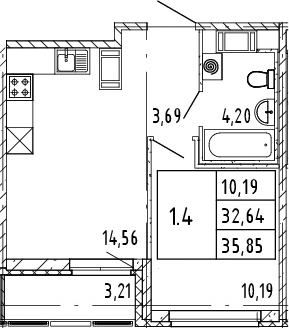 2-комнатная 32 м<sup>2</sup> на 13 этаже