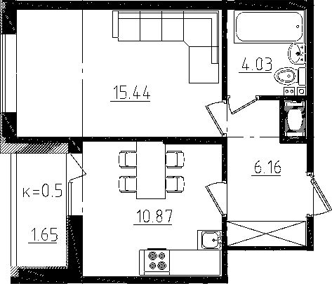1-комнатная 36 м<sup>2</sup> на 3 этаже