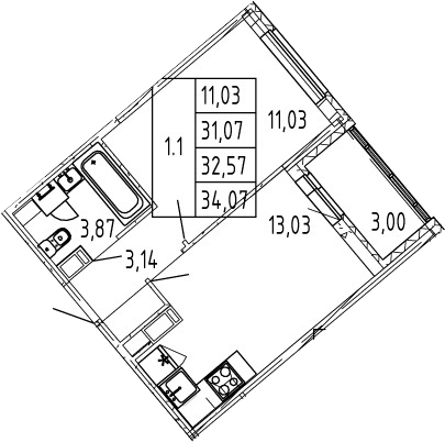 2-комнатная 31 м<sup>2</sup> на 12 этаже