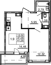 2-комнатная 37 м<sup>2</sup> на 14 этаже