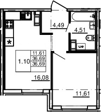 2-комнатная 36 м<sup>2</sup> на 2 этаже