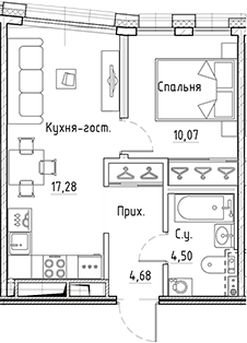 2-комнатная 36 м<sup>2</sup> на 4 этаже