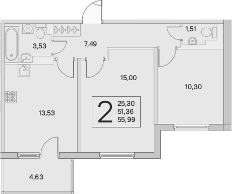 2-комнатная 51 м<sup>2</sup> на 2 этаже