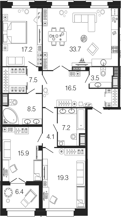4-комнатная 133 м<sup>2</sup> на 8 этаже