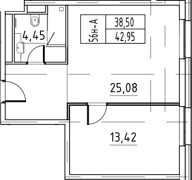 2-комнатная 42 м<sup>2</sup> на 6 этаже