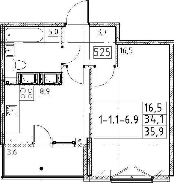1-комнатная 37 м<sup>2</sup> на 5 этаже