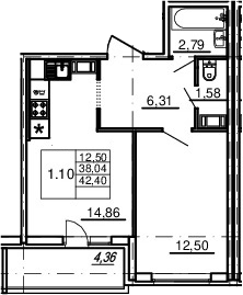 2-комнатная 38 м<sup>2</sup> на 8 этаже
