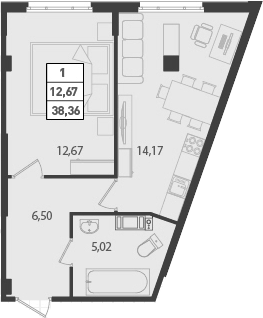 1-комнатная 38 м<sup>2</sup> на 16 этаже
