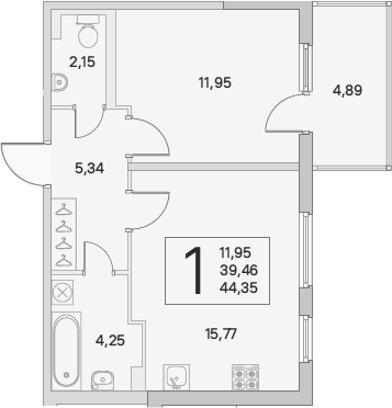 2-комнатная 44 м<sup>2</sup> на 1 этаже