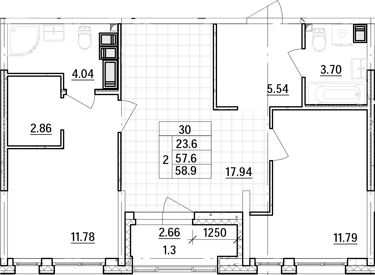 3-комнатная 57 м<sup>2</sup> на 8 этаже