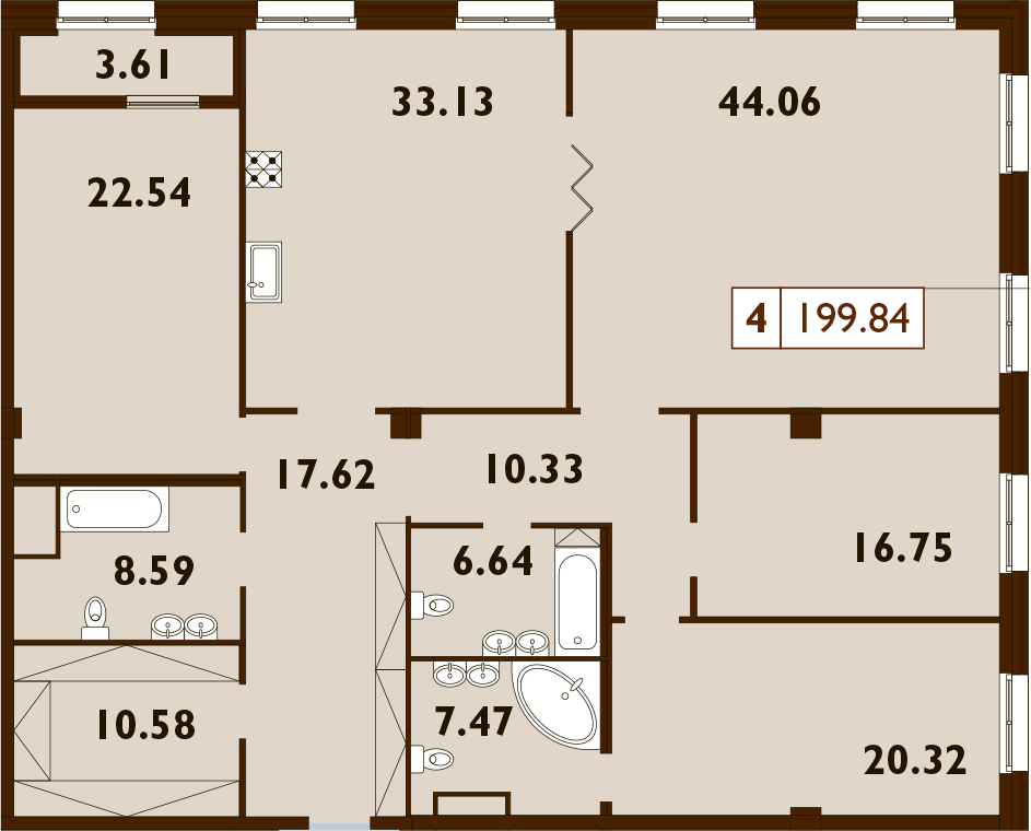 4-комнатная 197 м<sup>2</sup> на 7 этаже