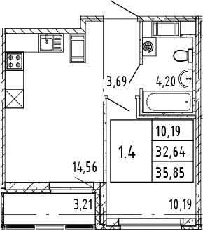 2-комнатная 32 м<sup>2</sup> на 9 этаже