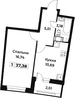 1-комнатная 36 м<sup>2</sup> на 2 этаже