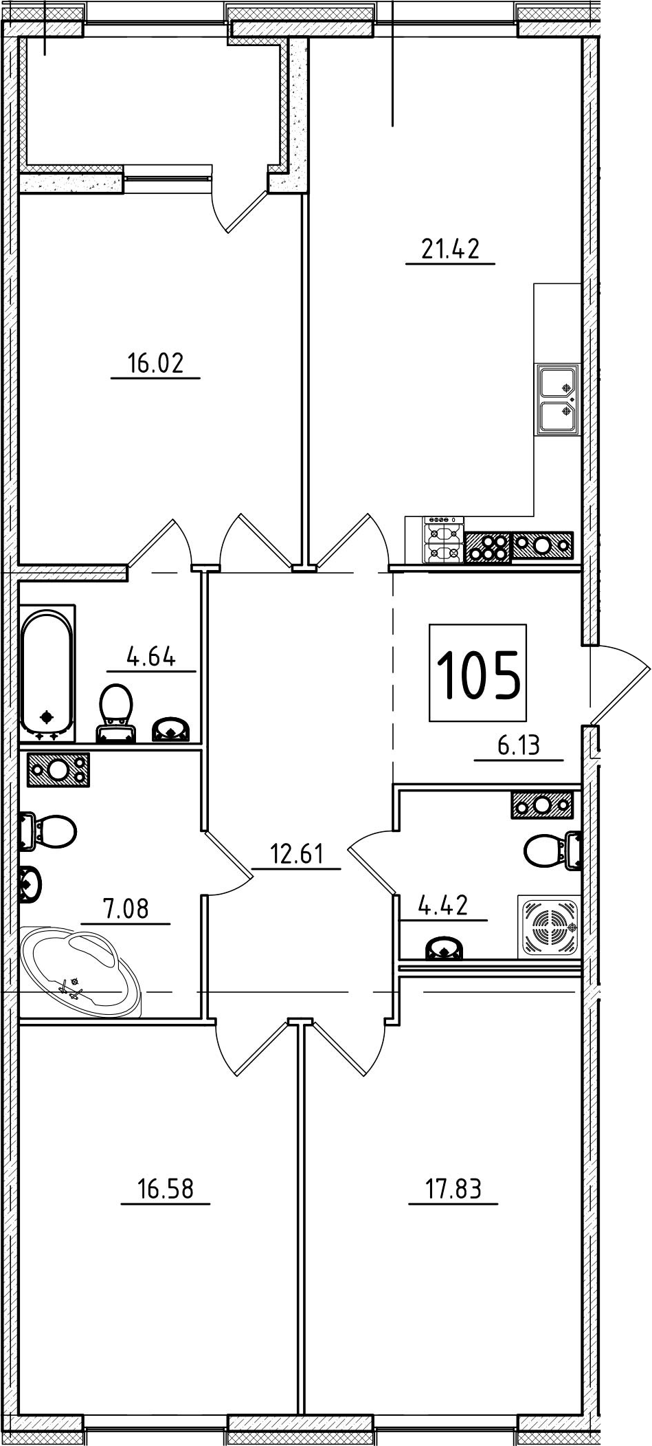 4-комнатная 108 м<sup>2</sup> на 7 этаже