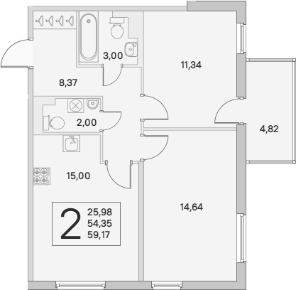 3-комнатная 59 м<sup>2</sup> на 5 этаже