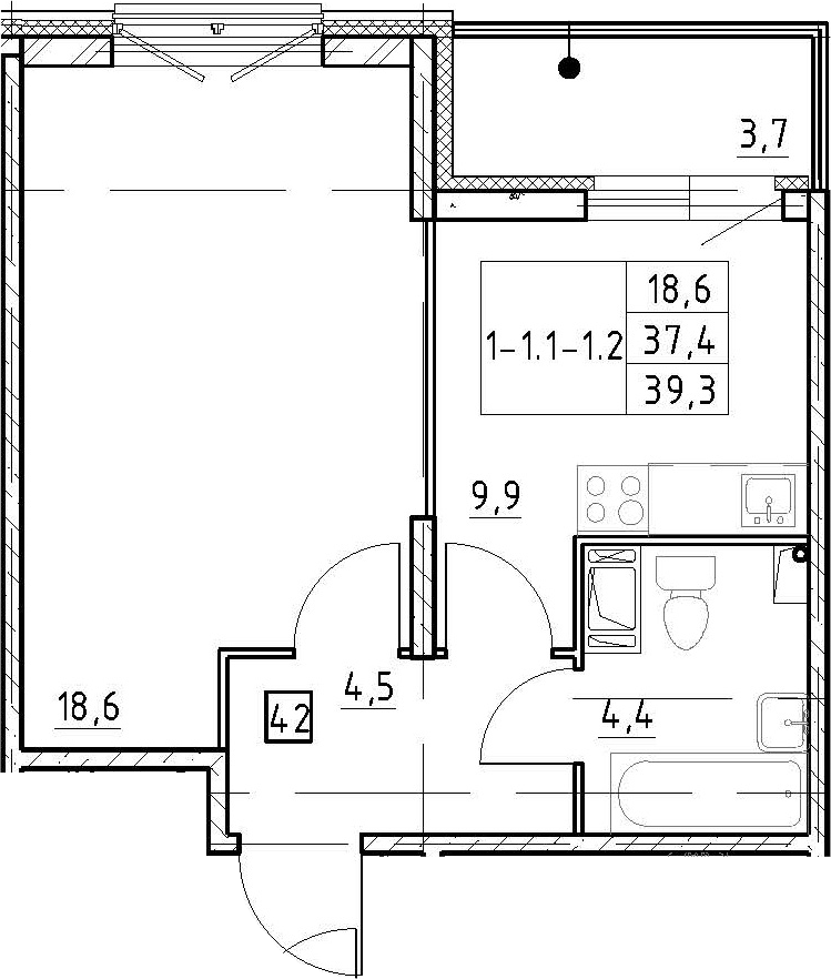 1-комнатная 41 м<sup>2</sup> на 4 этаже