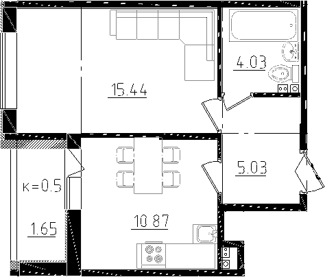 1-комнатная 35 м<sup>2</sup> на 1 этаже
