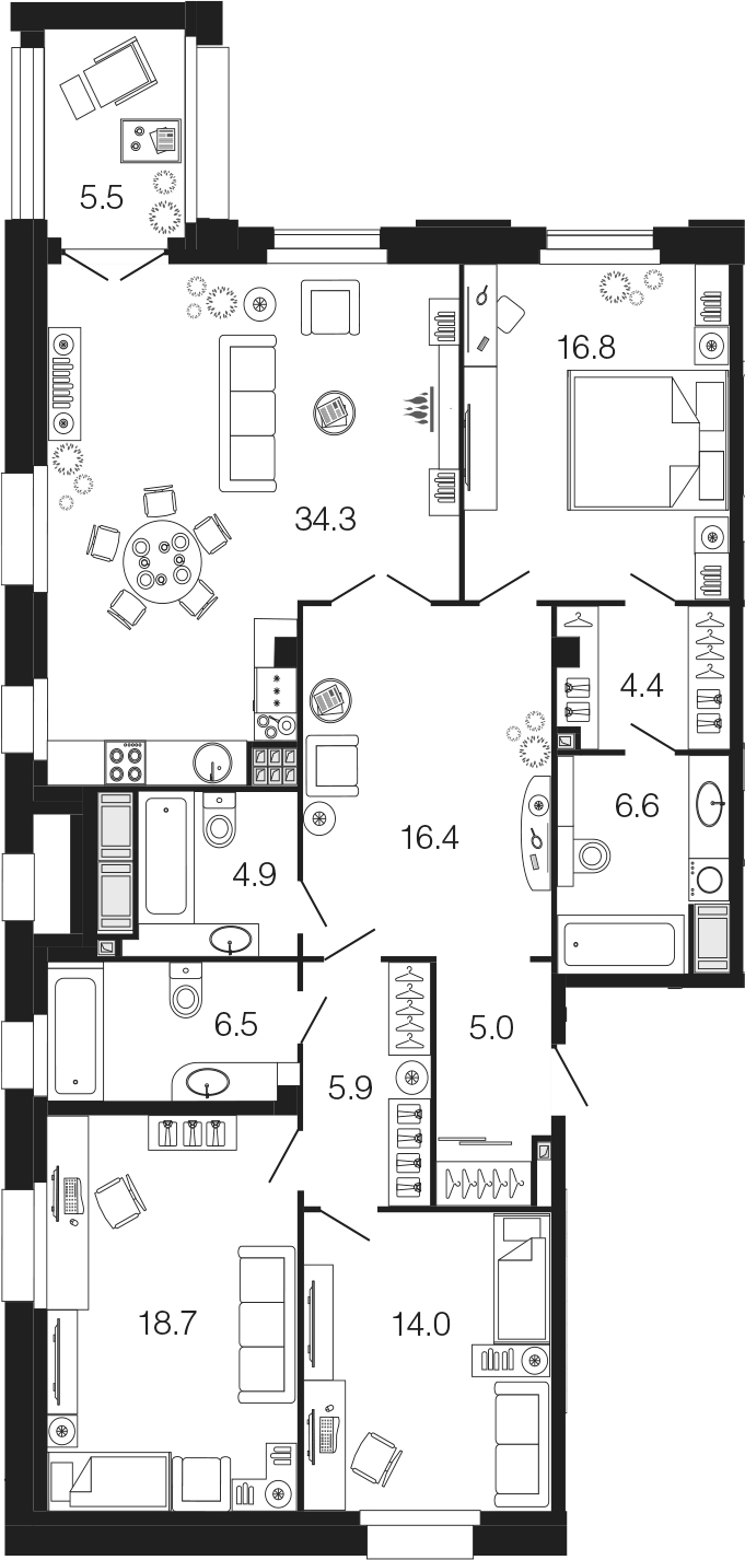 4-комнатная 133 м<sup>2</sup> на 5 этаже