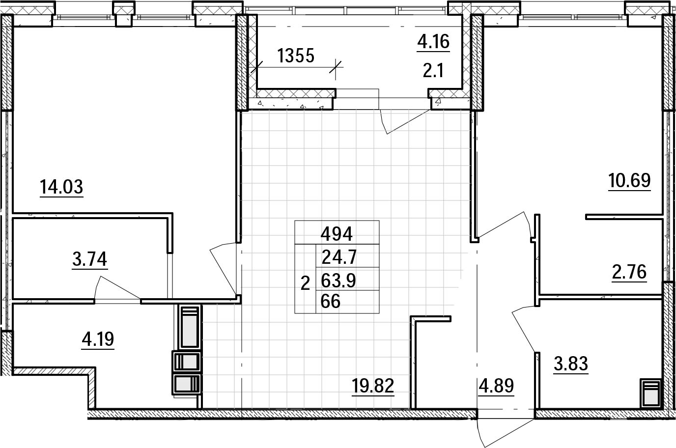 3-комнатная 63 м<sup>2</sup> на 12 этаже