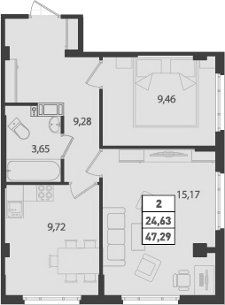 2-комнатная 47 м<sup>2</sup> на 2 этаже