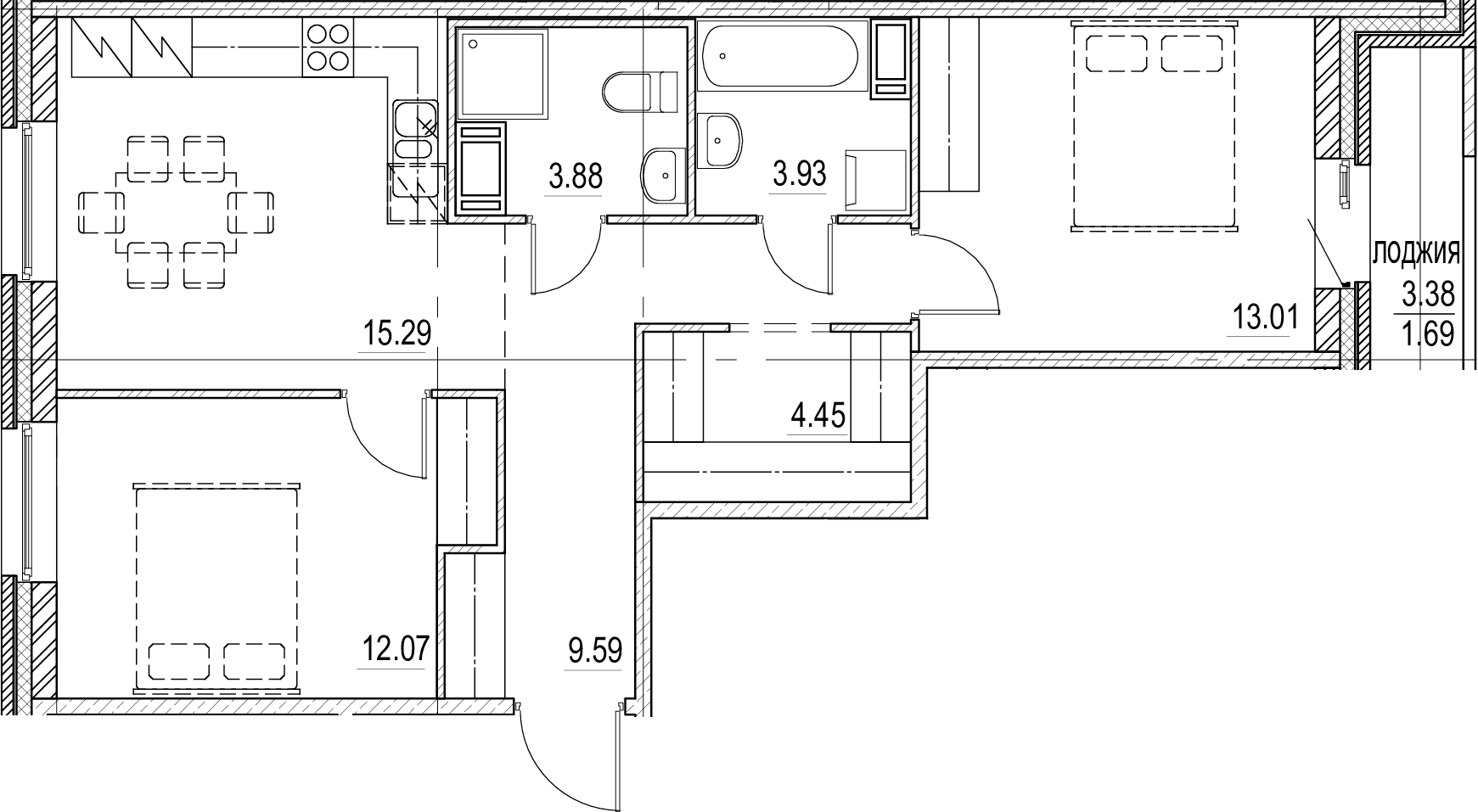 2-комнатная 62 м<sup>2</sup> на 6 этаже
