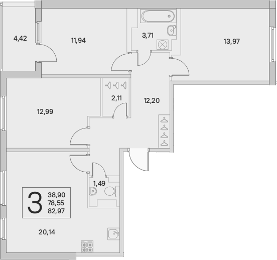 4-комнатная 78 м<sup>2</sup> на 4 этаже