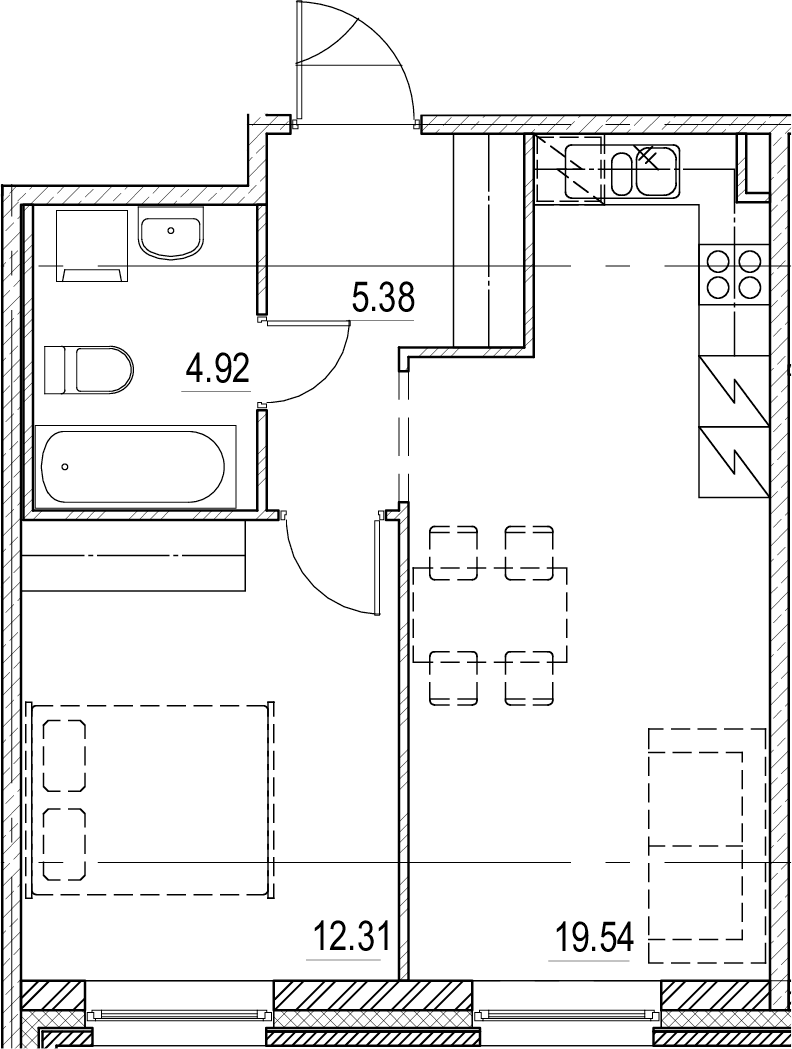 2-комнатная 42 м<sup>2</sup> на 2 этаже