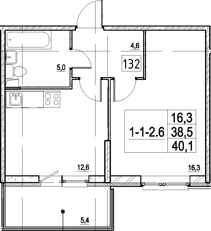 1-комнатная 43 м<sup>2</sup> на 1 этаже