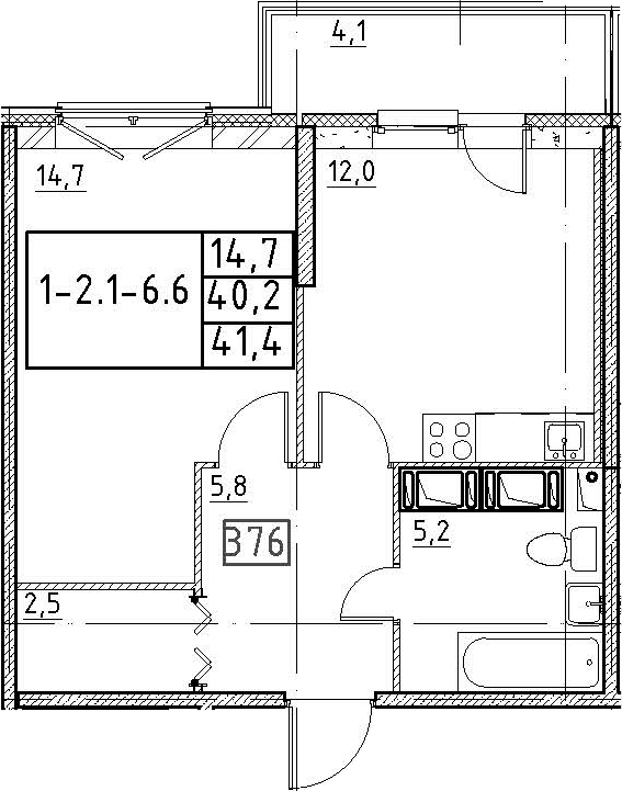 1-комнатная 44 м<sup>2</sup> на 2 этаже