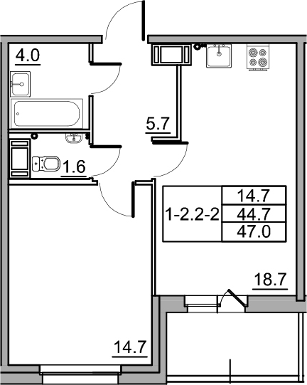 2-комнатная 49 м<sup>2</sup> на 11 этаже
