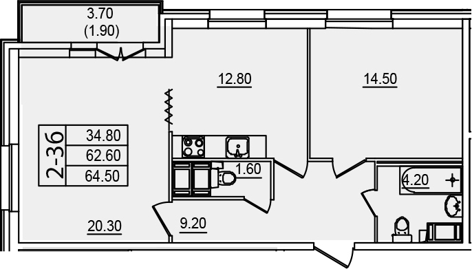 2-комнатная 62 м<sup>2</sup> на 25 этаже