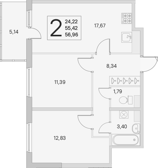 3-комнатная 55 м<sup>2</sup> на 1 этаже