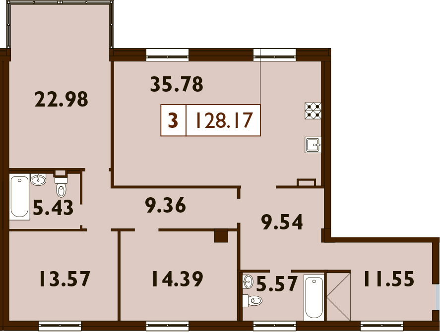4-комнатная 128 м<sup>2</sup> на 3 этаже